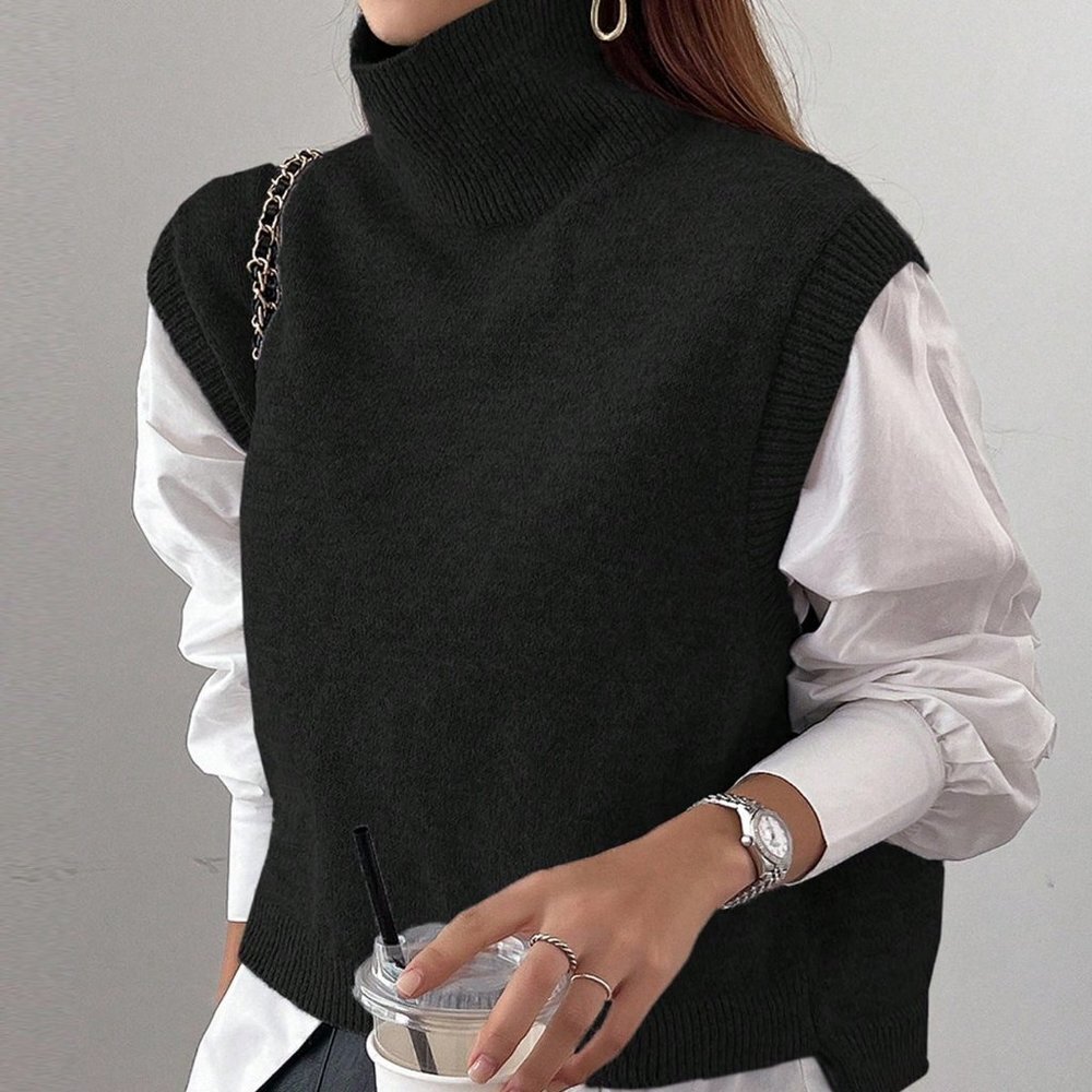 Black Casual Womens Turtleneck Split Hem Sweater Vest - Picture 1 of 5